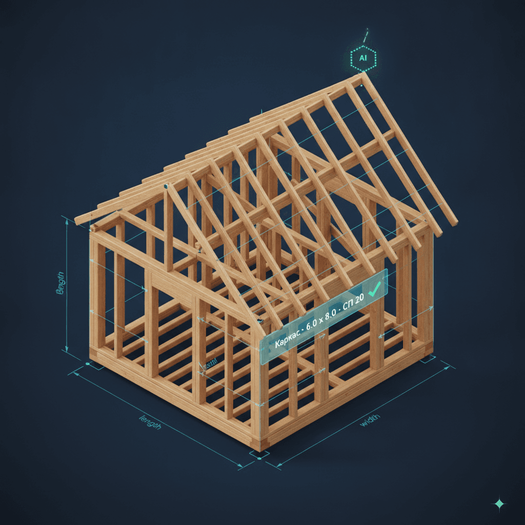 Изометрия каркасного дома в стадии сборки с blueprint-размерами